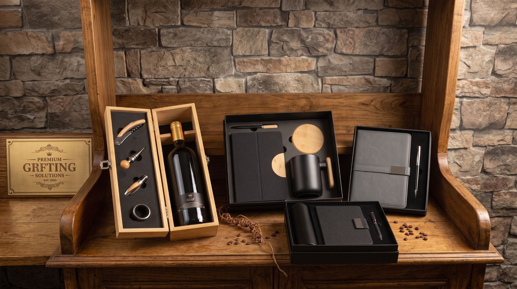 Kits de brindes personalizados sobre uma mesa de madeira